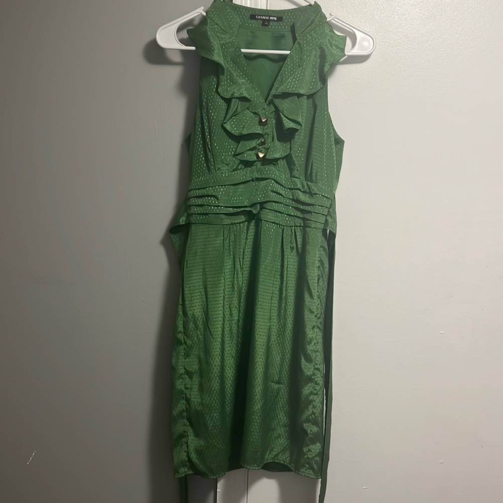A short green dressy neck short sleeve.